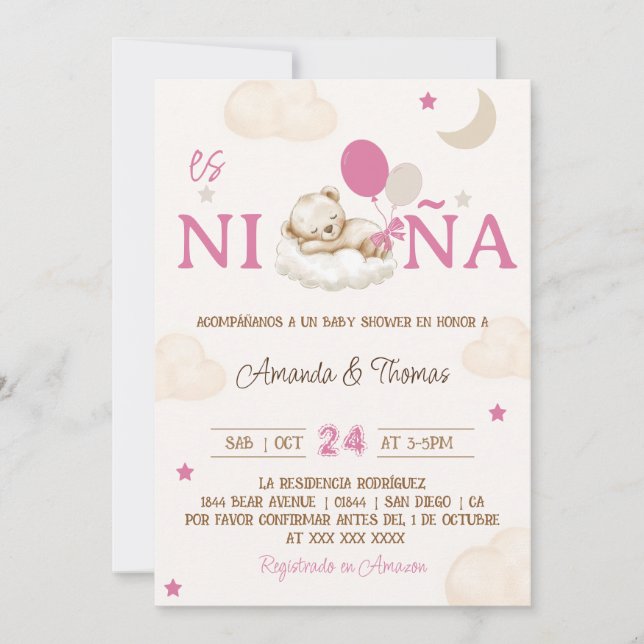 Teddy Bear Pink Spanish Girl Baby Shower Invitation (Front)