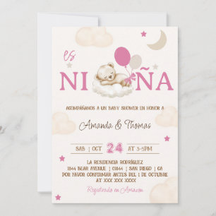 Teddy Bear Pink Spanish Girl Baby Shower Invitation