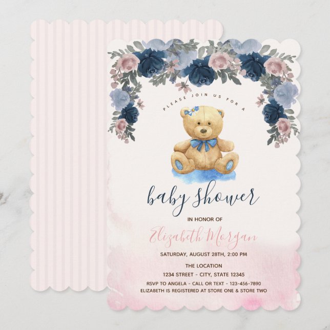 Teddy Bear Pink Stripes Baby Shower   Invitation (Front/Back)