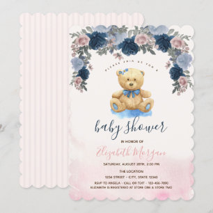 Teddy Bear Pink Stripes Baby Shower   Invitation