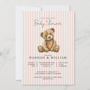 Teddy Bear Pink Stripes Baby Shower Invitation