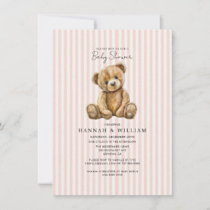 Teddy Bear Pink Stripes Baby Shower Invitation