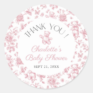 Teddy Bear Pink Toile Girl Baby Shower Thank You Classic Round Sticker