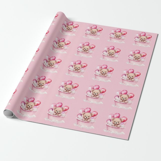 Teddy Bear Pink Tub & Balloon Girl Baby Shower Wrapping Paper (Unrolled)