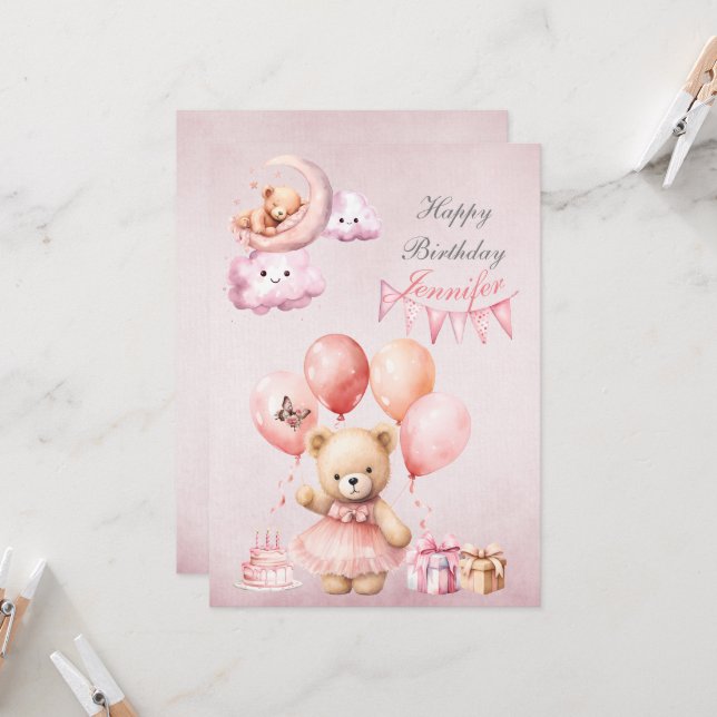 Teddy Bear Pink Watercolor Girls Birthday Invitation (Front/Back In Situ)