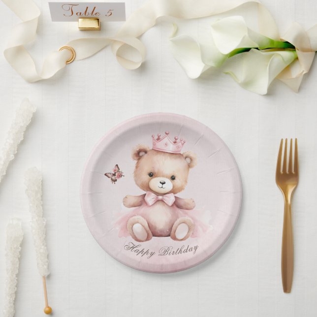 Teddy Bear Pink Watercolor Girls Birthday Paper Plate (Wedding)