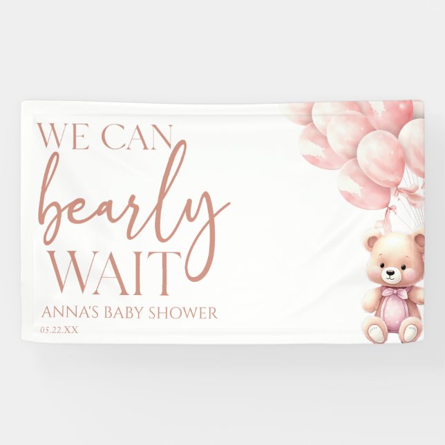 Teddy Bear Pink We Can Bearly Wait Baby Shower Banner (Horizontal)