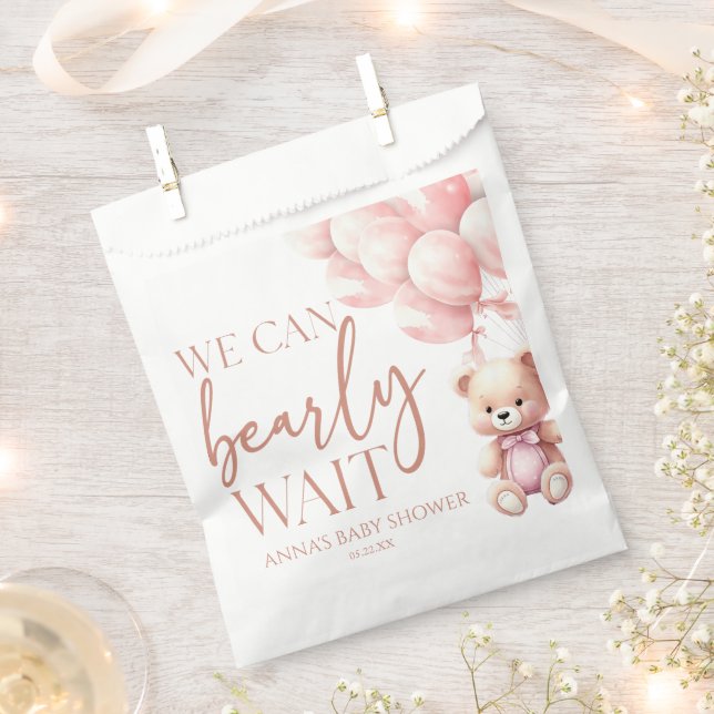 Teddy Bear Pink We Can Bearly Wait Baby Shower Favour Bags (Clipped)