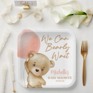 Teddy Bear Pink We Can Bearly Wait Baby Shower Paper Plate