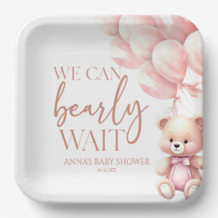 Teddy Bear Pink We Can Bearly Wait Baby Shower Paper Plate