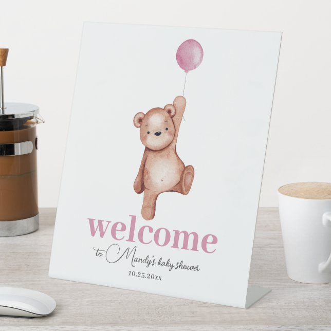 Teddy Bear Pink Welcome Pedestal Sign (In SItu)