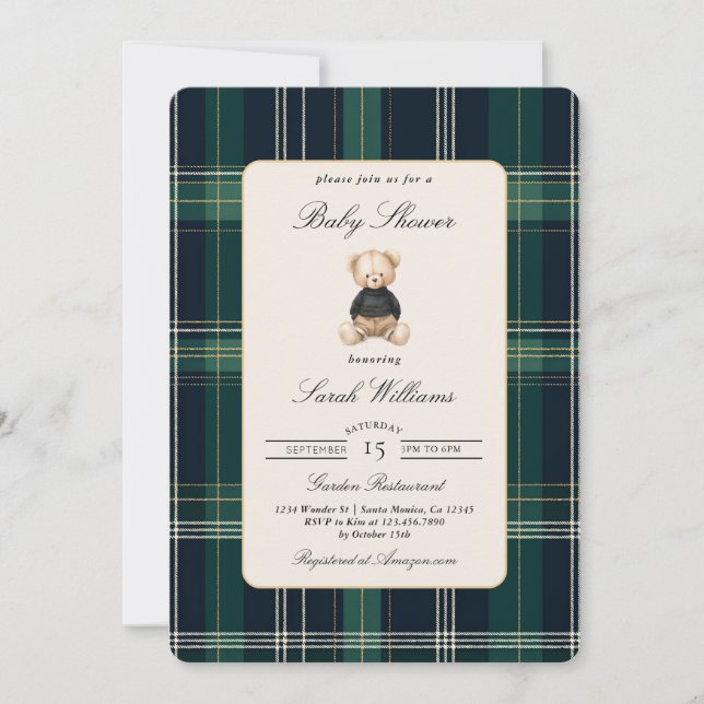 Teddy Bear Plaid Elegant Baby Shower Boy Invitation (Front)