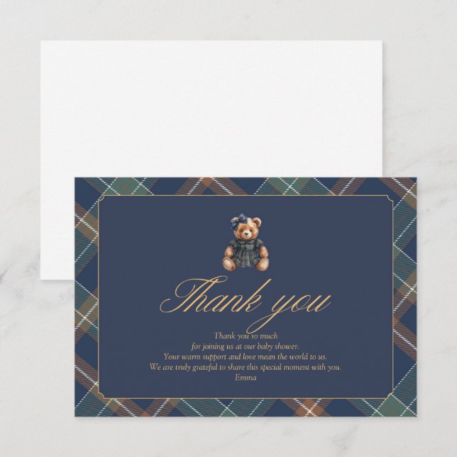 Teddy Bear Plaid Girl Baby Shower Thank You Card (Front/Back)