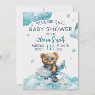 Teddy Bear Plane Bearly Wait Baby Shower Invitation