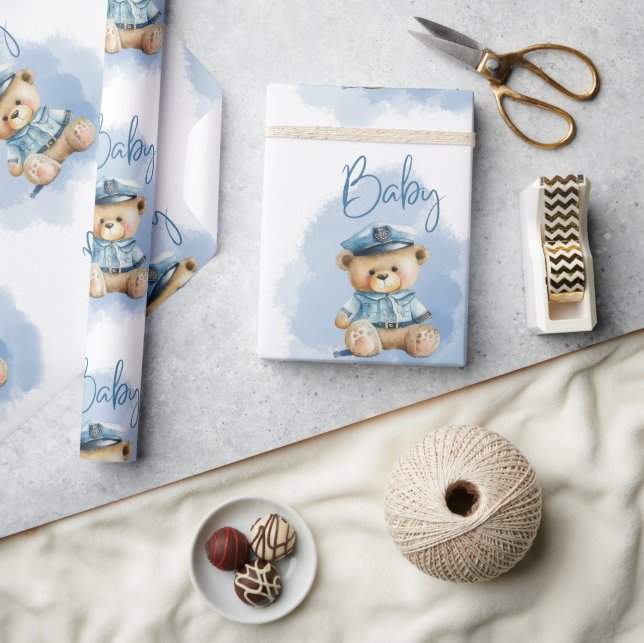 Teddy Bear Policeman Boy Baby Shower Wrapping Paper (Crafts)