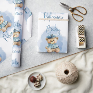 Teddy Bear Policeman Boy Blue Baby Shower Wrapping Paper