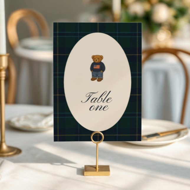 Teddy Bear Polo Baby Shower Table Number Card (Creator Uploaded)