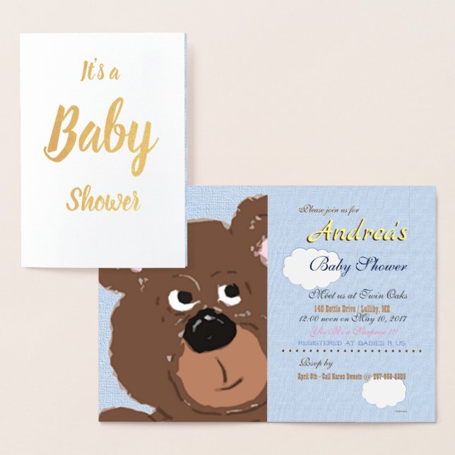 Teddy Bear Powder Blue Baby Shower Foil Card (Display)
