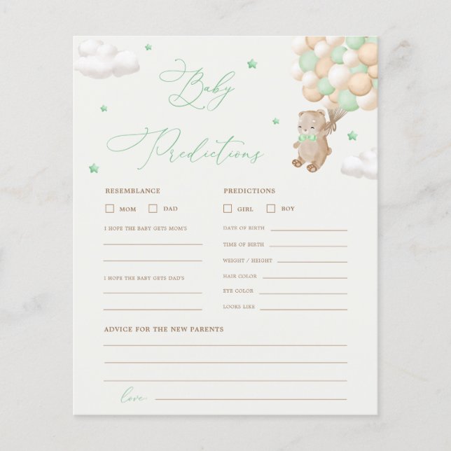 Teddy Bear Predictions & Advice Baby Shower Game (Front)