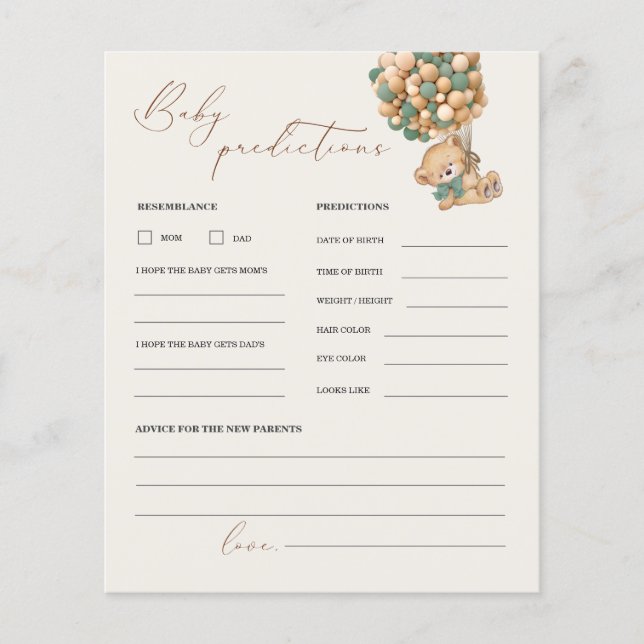 Teddy Bear Predictions and Advice Baby Shower Game (Front)