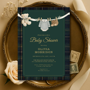 Teddy Bear Preppy Clothesline Plaid Baby Shower Invitation