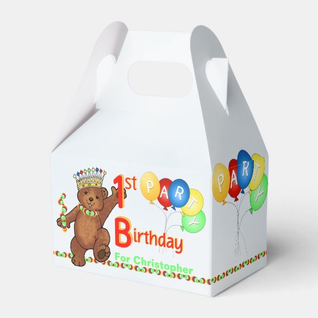 Teddy Bear Prince 1st Birthday Party Custom Favour Box (Front Side)