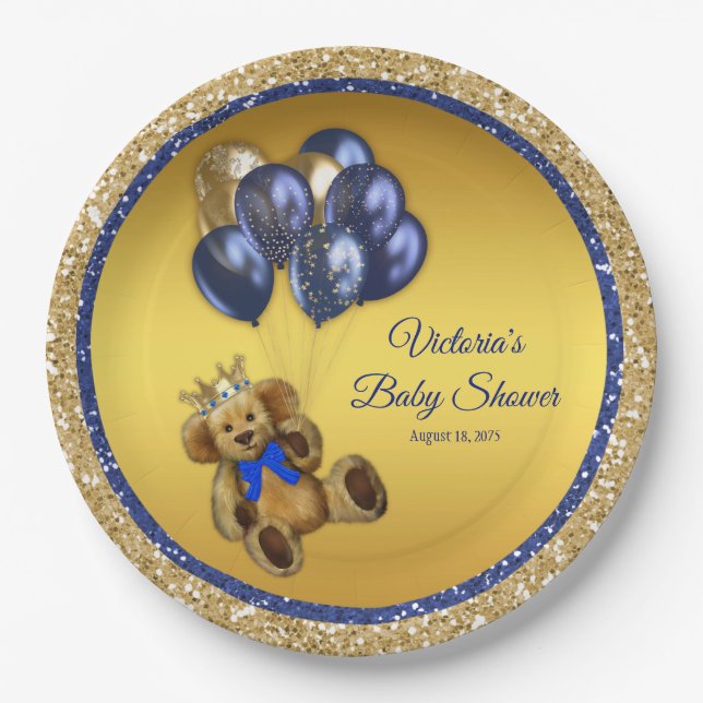 Teddy Bear Prince Balloon Baby Shower Paper Plate (Front)