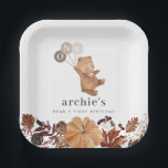Teddy Bear Pumpkin - 1st Birthday Paper Plate<br><div class="desc">This design features a sweet watercolour bear holding a balloon, with Fall watercolour leaves along the bottom. Perfect for your Autumn Teddy Bear's Picnic or Fall Beary 1st Birthday Party! The balloons are neutral toned but you can also change the colour of each one if you prefer. You can also...</div>