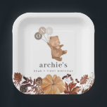 Teddy Bear Pumpkin - 1st Birthday Paper Plate<br><div class="desc">This design features a sweet watercolour bear holding a balloon, with Fall watercolour leaves along the bottom. Perfect for your Autumn Teddy Bear's Picnic or Fall Beary 1st Birthday Party! The balloons are neutral toned but you can also change the colour of each one if you prefer. You can also...</div>