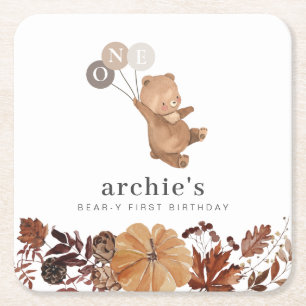 Teddy Bear Pumpkin - 1st Birthday Square Paper Coaster