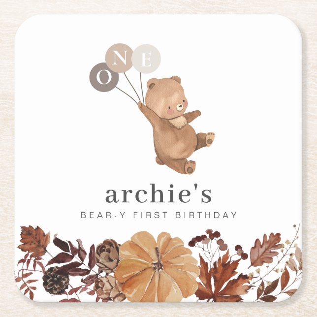 Teddy Bear Pumpkin - 1st Birthday Square Paper Coaster (Front)