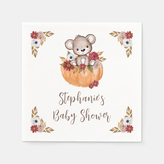 Teddy Bear Pumpkin Fall Floral Baby Shower Napkin (Front)