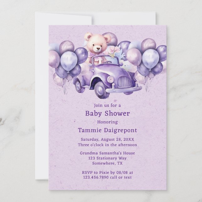Teddy Bear Purple Balloons Car Girl Baby Shower Invitation (Front)