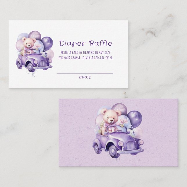 Teddy Bear Purple Balloons Car Girl Diaper Raffle Business Card (Front/Back)