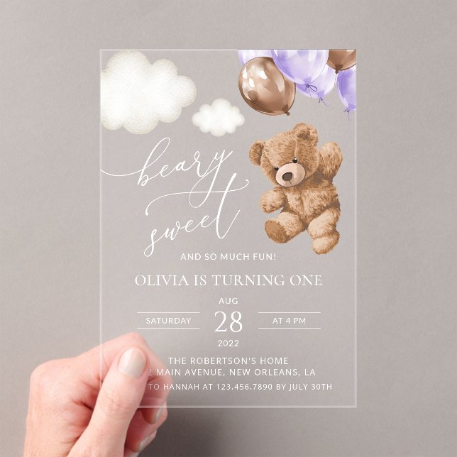 Teddy Bear, Purple Balloons, First Birthday Acrylic Invitations (Insitu (Handheld))