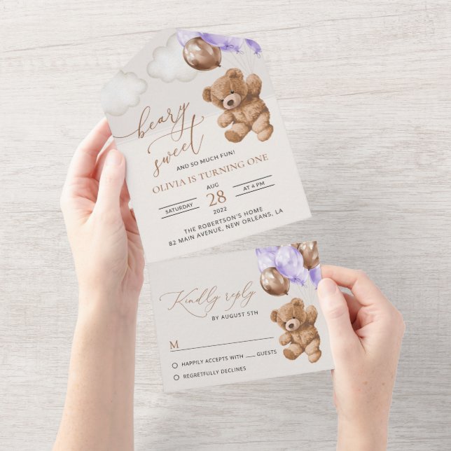 Teddy Bear, Purple Balloons, First Birthday All In One Invitation (Tearaway)