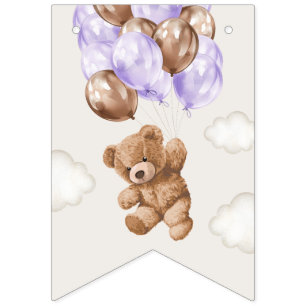 Teddy Bear, Purple Balloons, First Birthday Bunting