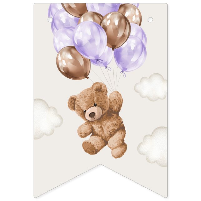 Teddy Bear, Purple Balloons, First Birthday Bunting (First Flag)