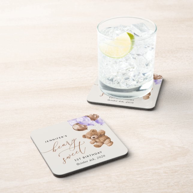 Teddy Bear, Purple Balloons, First Birthday Coaster (Right Side)