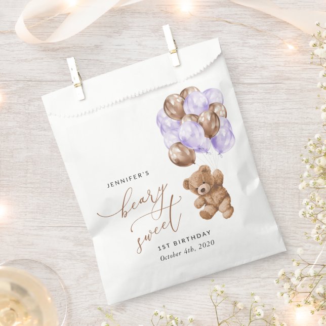 Teddy Bear, Purple Balloons, First Birthday Favour Bags (Clipped)