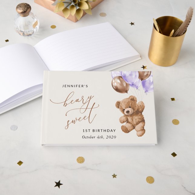 Teddy Bear, Purple Balloons, First Birthday Guest Book (Front Open)