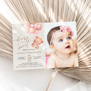 Teddy Bear, Purple Balloons, First Birthday Invitation
