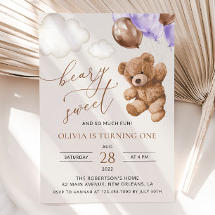 Teddy Bear, Purple Balloons, First Birthday Invitation