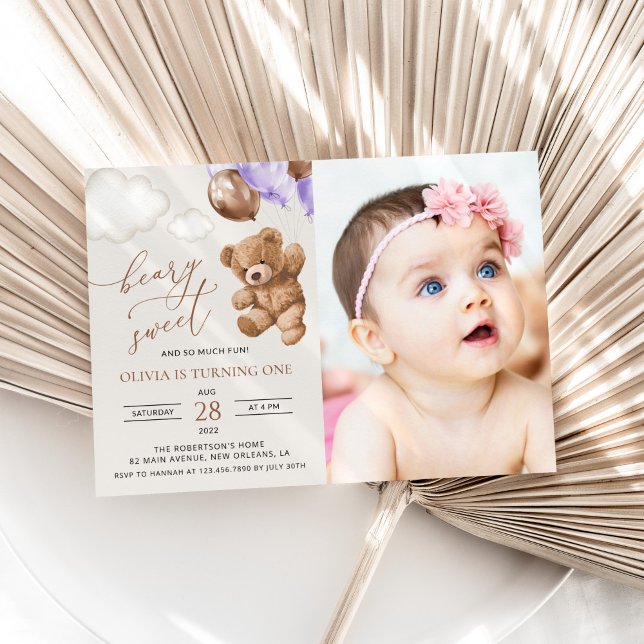 Teddy Bear, Purple Balloons, First Birthday Invitation (Creator Uploaded)