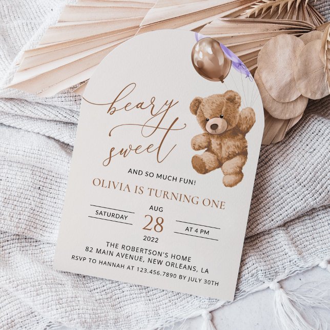 Teddy Bear, Purple Balloons, First Birthday Invitation (Creator Uploaded)