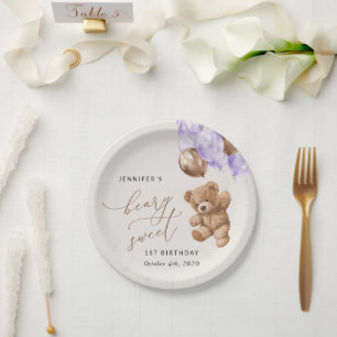 Teddy Bear, Purple Balloons, First Birthday Paper Plate
