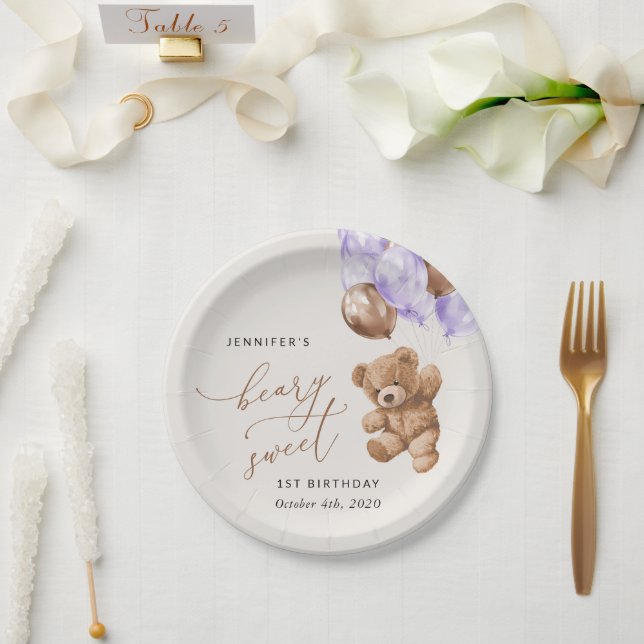 Teddy Bear, Purple Balloons, First Birthday Paper Plate (Wedding)