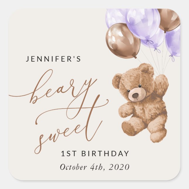 Teddy Bear, Purple Balloons, First Birthday Square Sticker (Front)