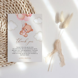 Teddy Bear, Purple Balloons, First Birthday Thank You Card
