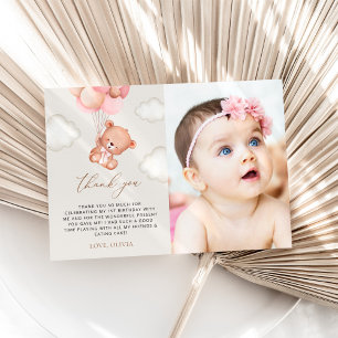 Teddy Bear, Purple Balloons, First Birthday Thank You Card